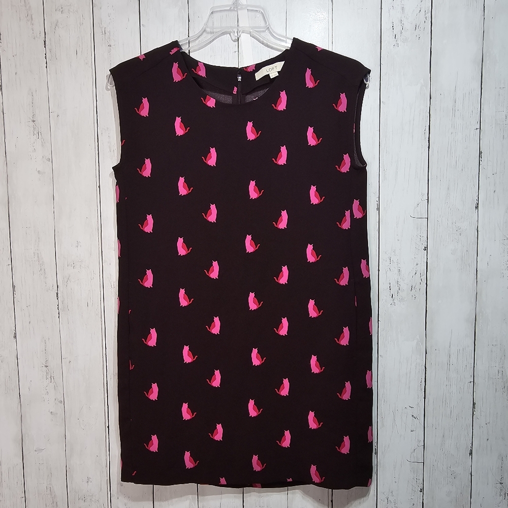 Ann Taylor Loft Cat Print Shift Dress Burgundy Raspberry Pink Size Small Petite.